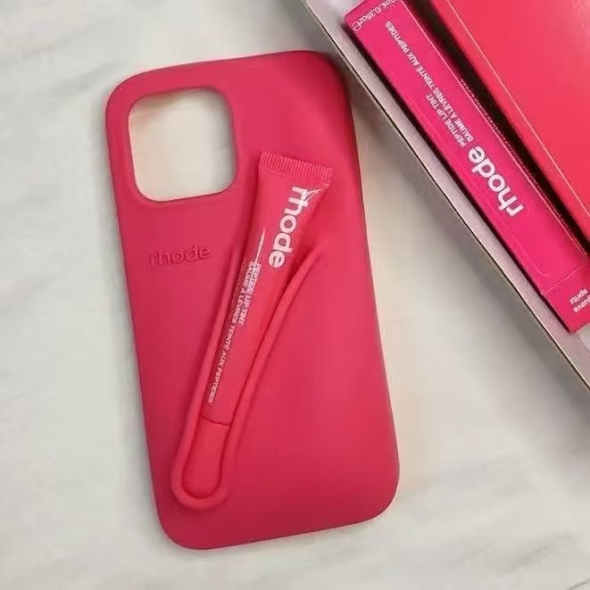 2025 rhode 3-in-1 Lip Gloss Phone Case for iPhone 16/15/14 Pro Max/Plus/13/12 - Built-in Lipstick/Lip Balm Holder with 3D Silicone Cover & Strap