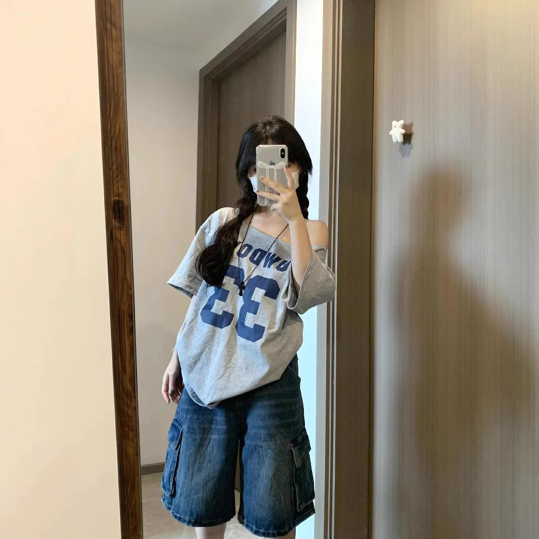 American pure desire slanted shoulder off-the-shoulder short-sleeved T-shirt loose and simple style thin sweet Spice Girl top 250517
