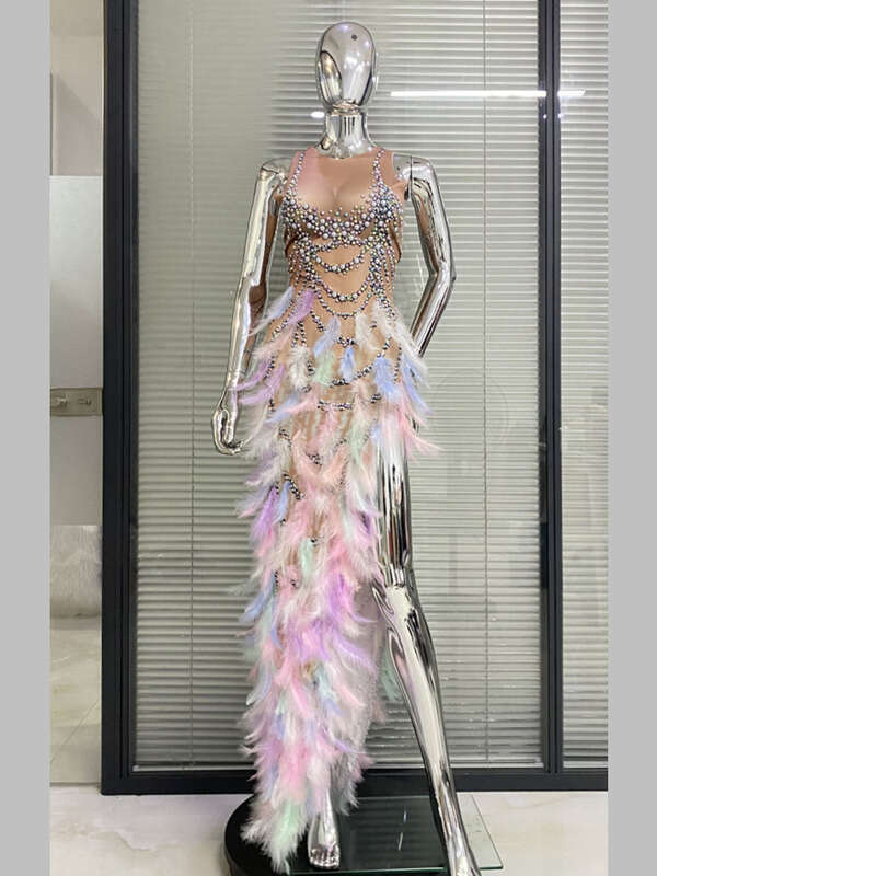 Sexy sleeveless round neck dress with rhinestone feather patchwork skirt, female singer performance outfit
