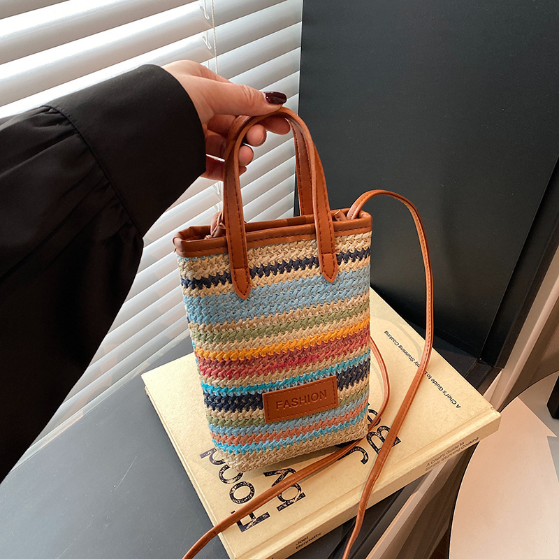 Free Delivery Designer Bag Korean Version Color Striped New 2025 Girls' Spring And Summer Trend Fashion Woven Single Shoulder Crossbody Mobile Ph