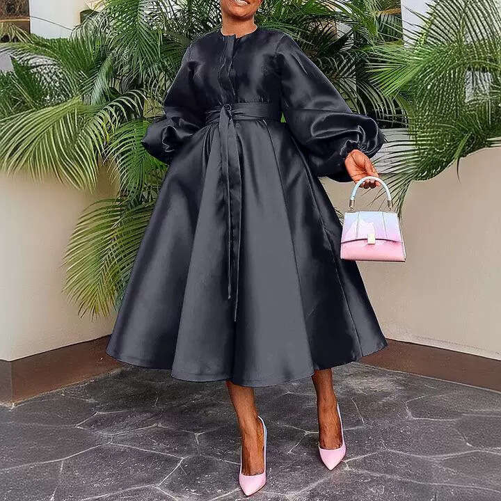 Maxi Dress BN Women S Autumn Winter New Solid Color Bright Face Loose Button Lantern Sleeve Dress KQ
