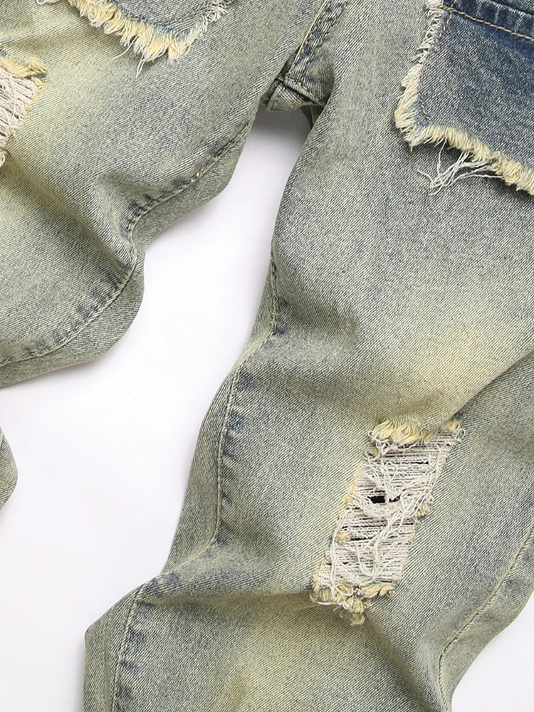 Mens American Hip-Hop High Street Ripped Raw Edge Contrast Stitching Loose Straight Flared Jeans Trendy Streetwear 250517