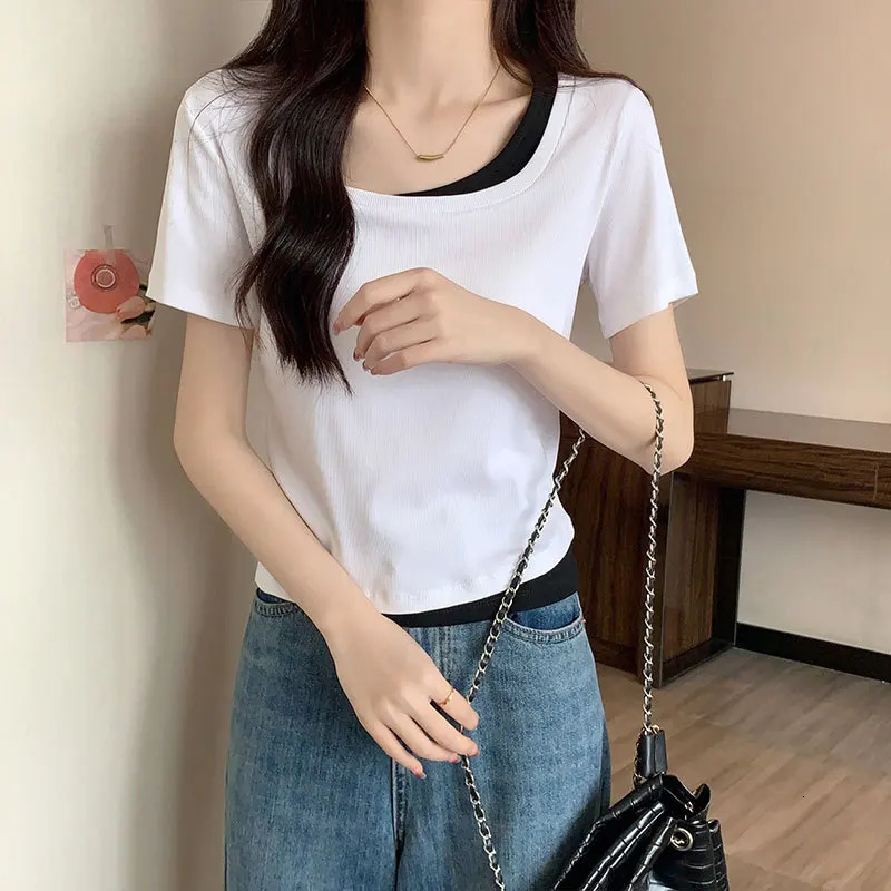 Slim T-shirt for Women for Womens Short-sleeved Summer Two-piece Spliced shoulder Pure Desire Cotton Top 250517