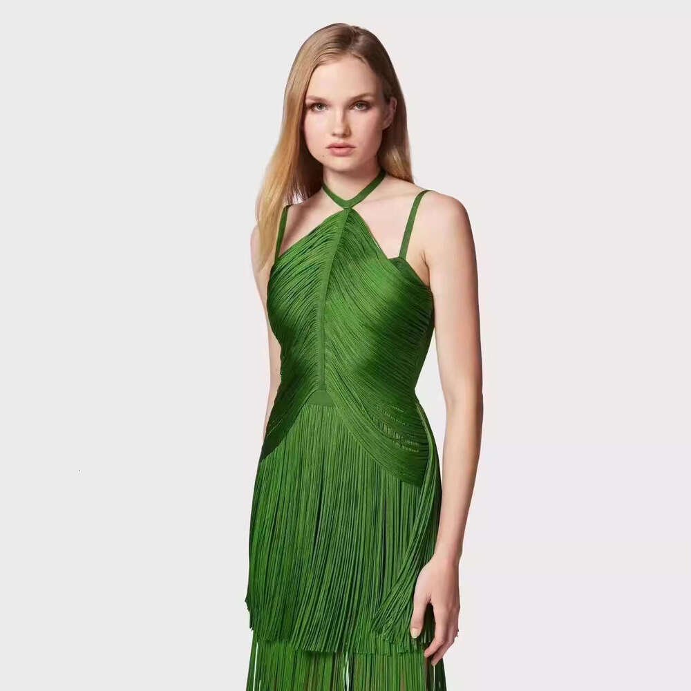 Maxi Dress Fashionable Design Green Tassel Sleeveless Waist Cinched Camisole Dress For Socialite Parties And Stage Performances KQ