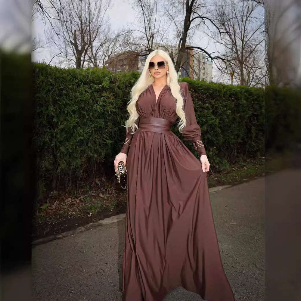 Maxi Dress Spring And Summer New Design Waist Sealed Pleated French Dress Coffee Colored V Neck Long Sleeved Women S Clothing KQ