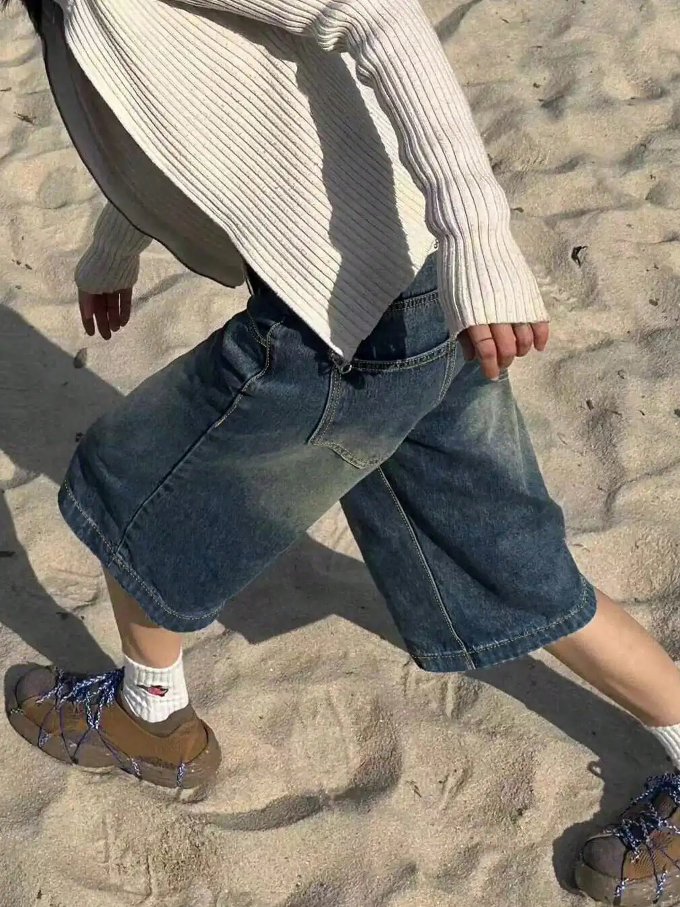 Y2K Street Vintage Drop Waist Slant Pocket Washed Cat Whisker Wide Leg Jorts Bermuda Denim Shorts 250517