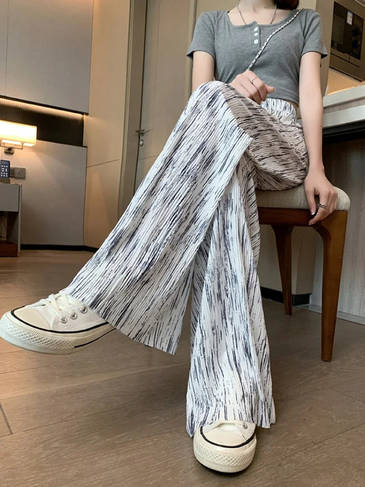 Ice Silk Wide Leg Pants for Women High Waist Summer Straight Pant Full-length Cool Leopard Print Loose Casual Womens Long Pants 250517