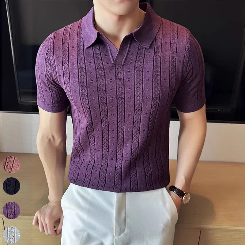 Mens Polo Shirt Striped Jacquard Knit Short Sleeve T-shirt V-neck Solid Color Elastic Top . M-3XLSummer Purple Thin 250517