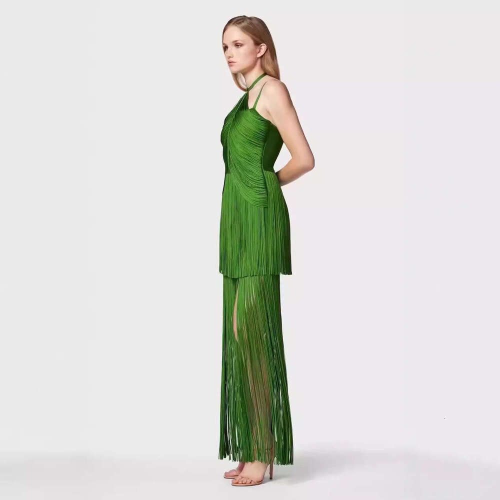 Maxi Dress Fashionable Design Green Tassel Sleeveless Waist Cinched Camisole Dress For Socialite Parties And Stage Performances KQ