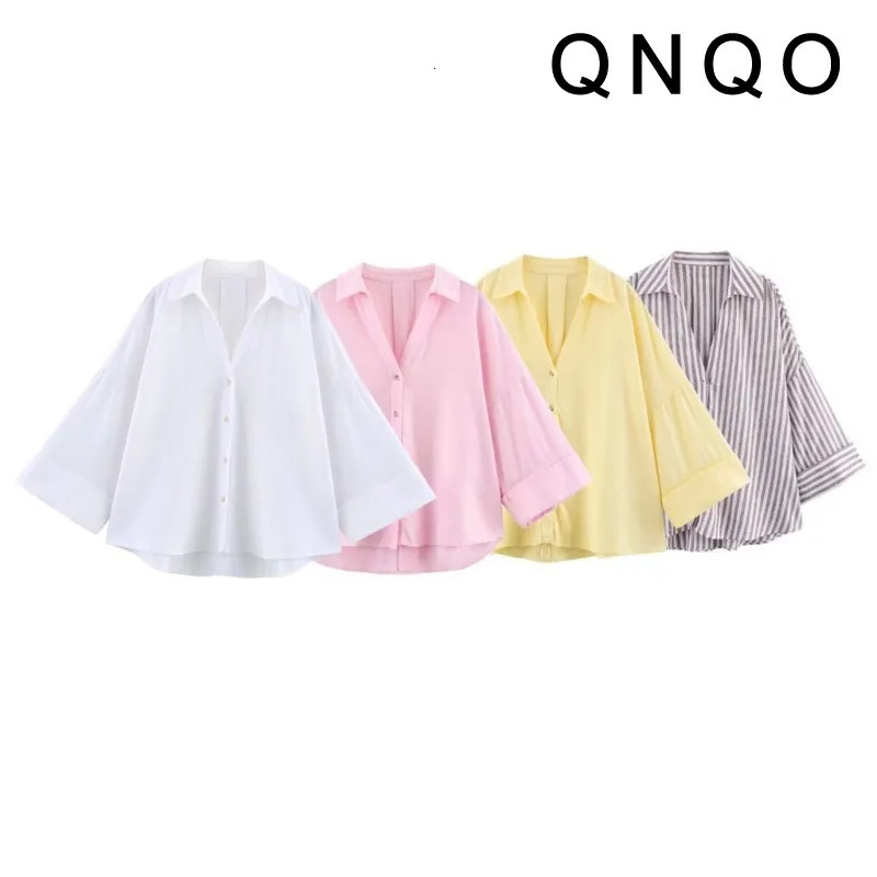 QNQO Linen Shirt Women Wide Sleeved Summer Asymmetric Hem Button Womens Shirts Fashion Simple Lady V Neck Blouses 250516Z