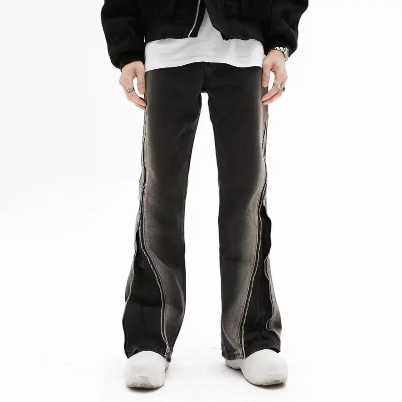 Y2K Streetwear Baggy Flare Men Jeans Pants Split Zipper Straight Vintage Washed Black Hip Hop Denim Trousers Pantalon Homme 250517