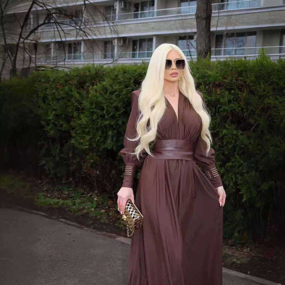 Maxi Dress Spring And Summer New Design Waist Sealed Pleated French Dress Coffee Colored V Neck Long Sleeved Women S Clothing KQ