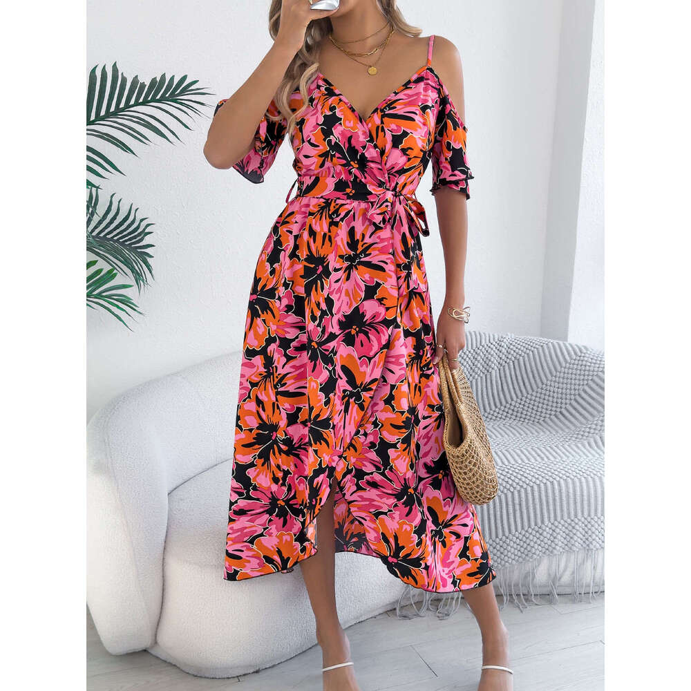 Maxi Dress Spring And Summer Off Shoulder Cross V Neck Floral Suspender Long Vacation Dress Women S Clothing Formai Dress