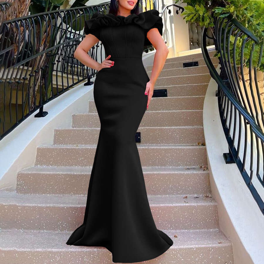 Maxi Dress C Fashion Women S Summer Solid One Line Neck Fishtail Long Evening Dress KQ