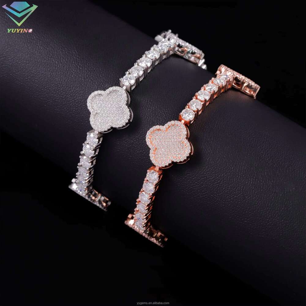 Hot Sale 3mm 4mm wide Sterling Sier Hip Hop VVS Moissanite Lucky Clover Tennis Bracelet