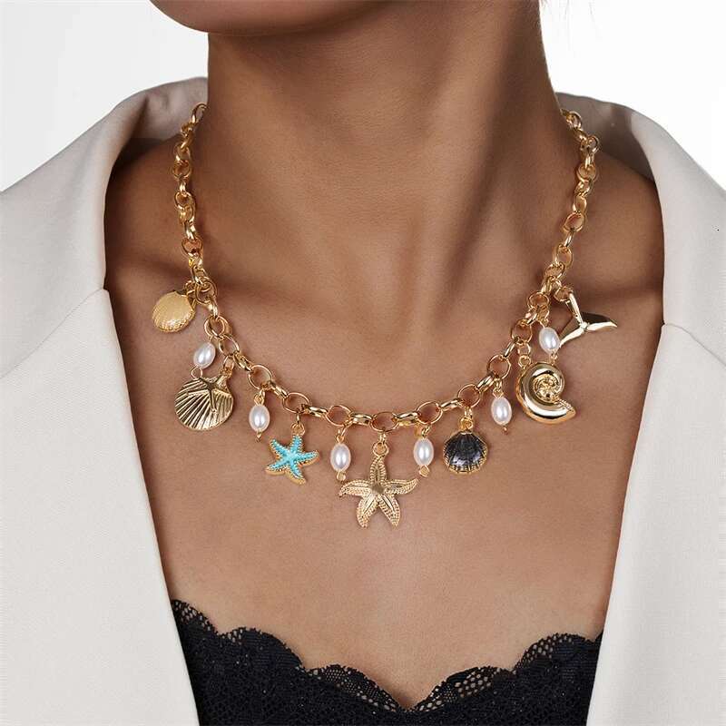 Boho Ocean Series Necklace for Women Gold Color Starfish Shell Pearl Fish Tail Conch Pendant Metal Chain Choker Beach Jewelry