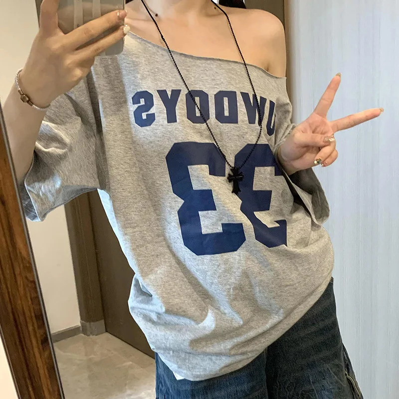 American pure desire slanted shoulder off-the-shoulder short-sleeved T-shirt loose and simple style thin sweet Spice Girl top 250517