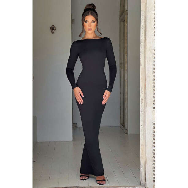 Maxi Dress Ins Slim Fit Long Sleeved Backless Sexy Buttocks Wrapped Dress KQ