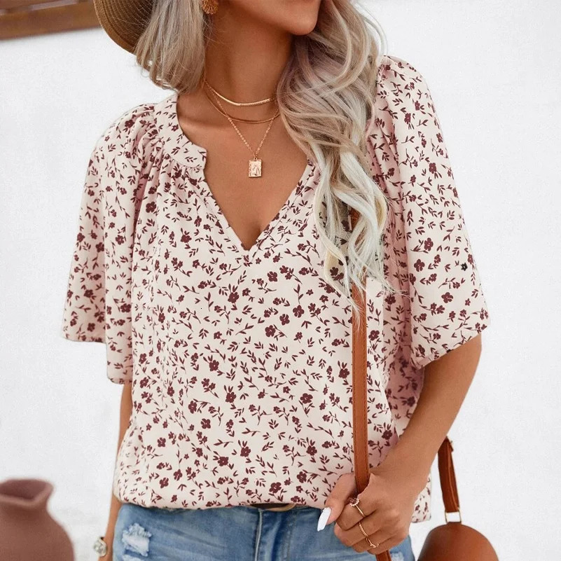 Plus Size Womens Shirts AllOver Printed ShortSleeved StandUp Collar Office Casual Tops 250516Z