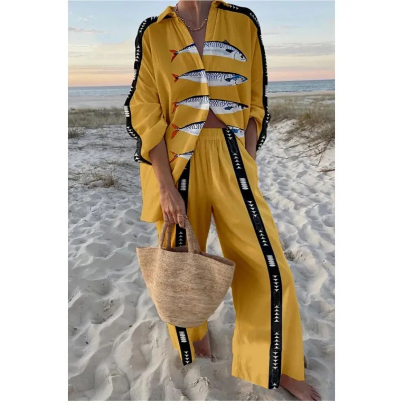 Vacation Style Cruise Print Two-Piece Cruise Outfit Seaside Tropical Print Lapel Shirt Wide-Leg Pants Suits For Women 250517