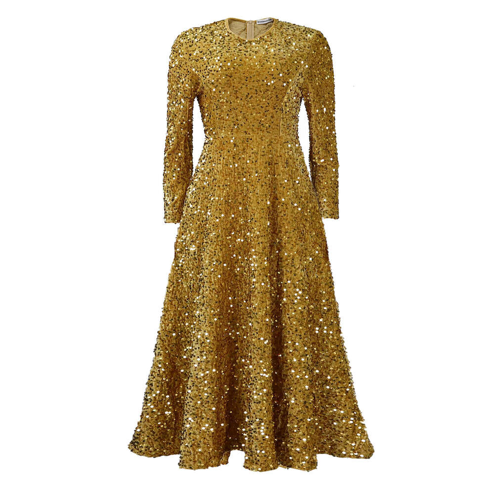 Maxi Dress D New Women S Round Neck Long Sleeve Solid Color Sequin High Waist Temperament Mid Length Dress KQ