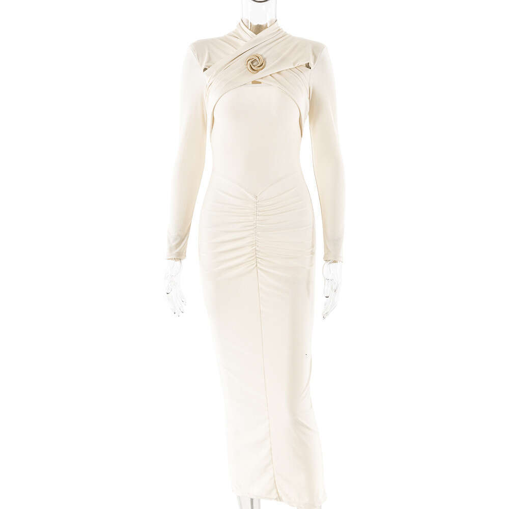 Maxi Dress New Women S Skirt Sexy Slim Fit Pleated Hollow Long Sleeved Dress Formai Dress