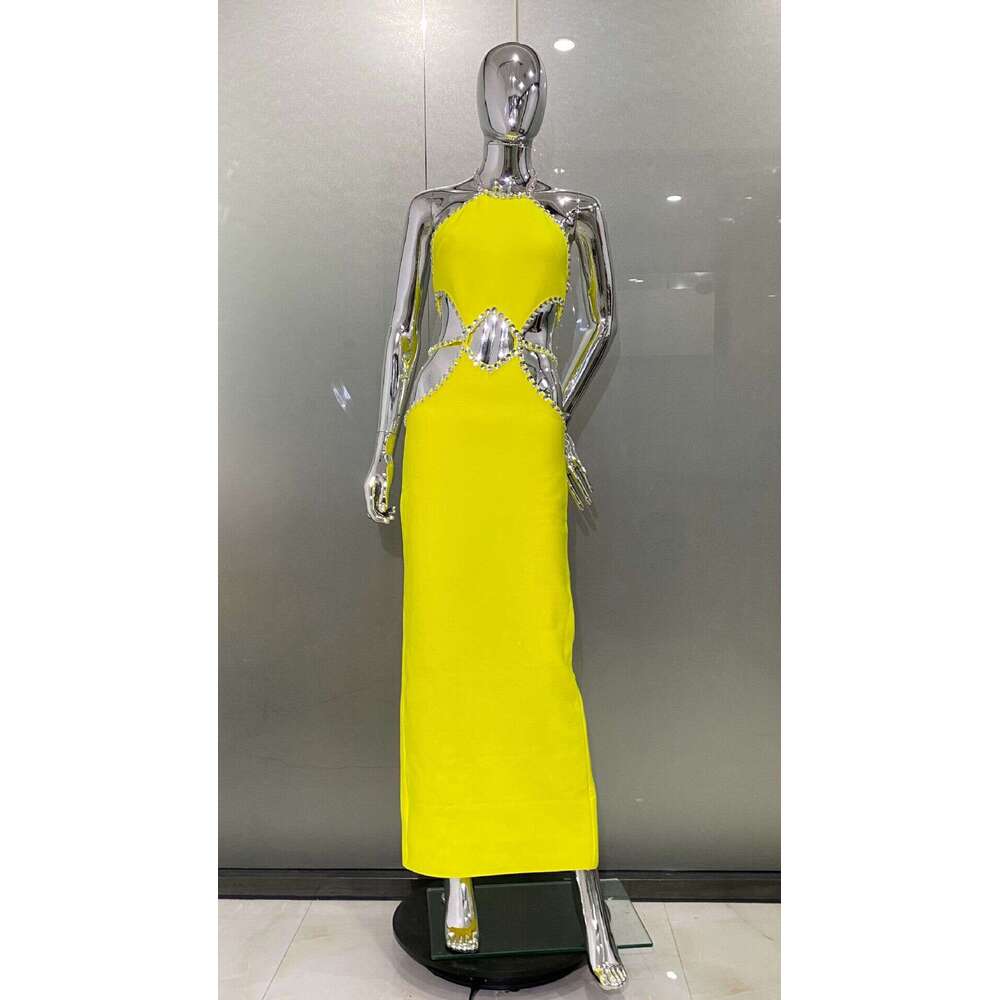 Maxi Dress Sexy Hollowed Out Rhinestone Edging Hanging Neck Lemon Yellow Dress Fashionable And Hot Holiday Party Dresses KQ