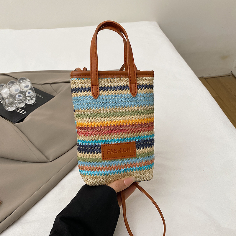 Free Delivery Designer Bag Korean Version Color Striped New 2025 Girls' Spring And Summer Trend Fashion Woven Single Shoulder Crossbody Mobile Ph