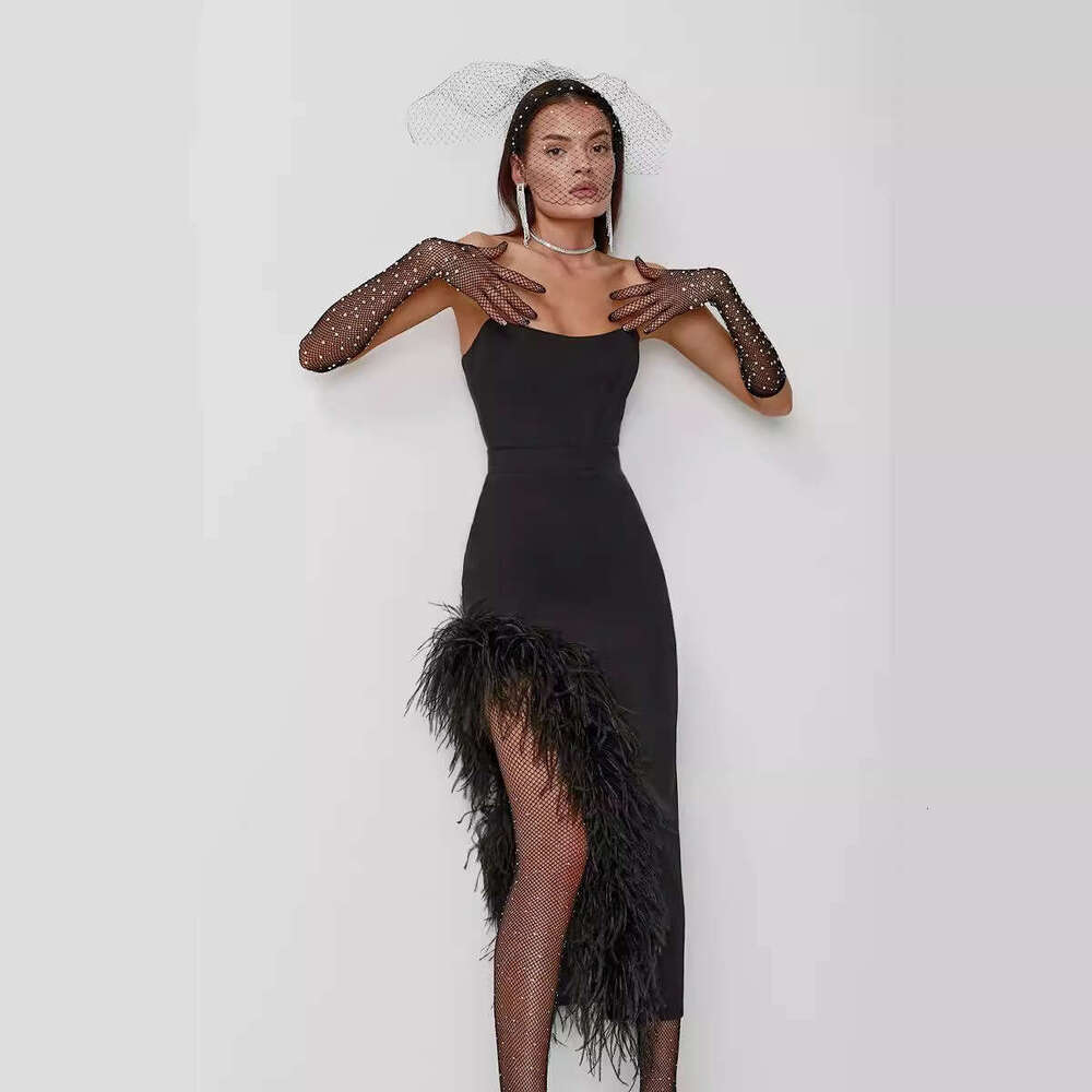 Maxi Dress New Pink Bandage Dress Fashionable Strapless And Leg Exposed Feather Party Dress Formai Dress