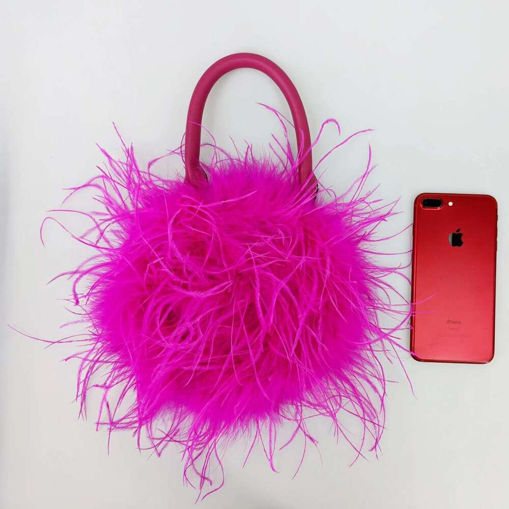 Real Natural Ostrich Feather Bag Hot Pink Mini Handbag Furry Fluffy Women Change Purse For Party Evening Clutch Prom Banque