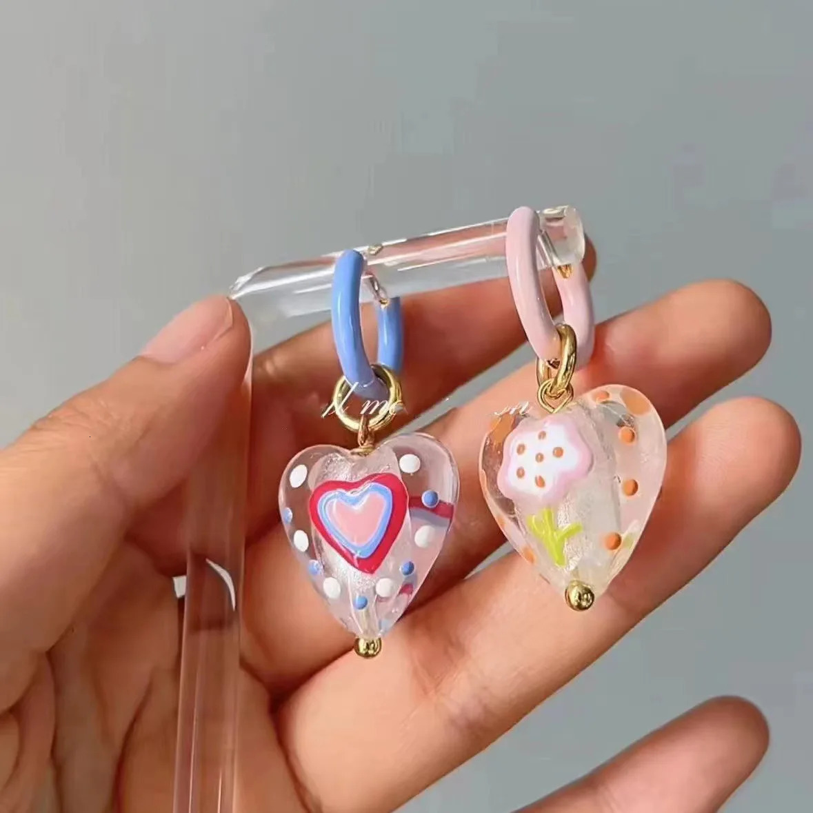 Colorful Asymmetrical Enamel Flowers Heart Shape Drop Earrings for Women Girls Cute Handmade Hoop Earrings Holiday Jewelry Gifts 250517