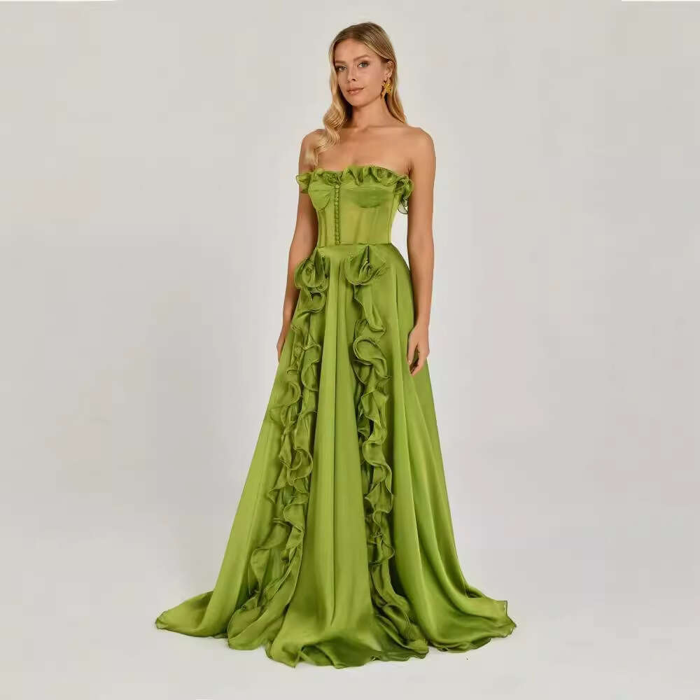 Maxi Dress French Banquet Style Long Summer New Pleated Ruffle Edge Waist Slimming A Line Dress For Women Formai Dress