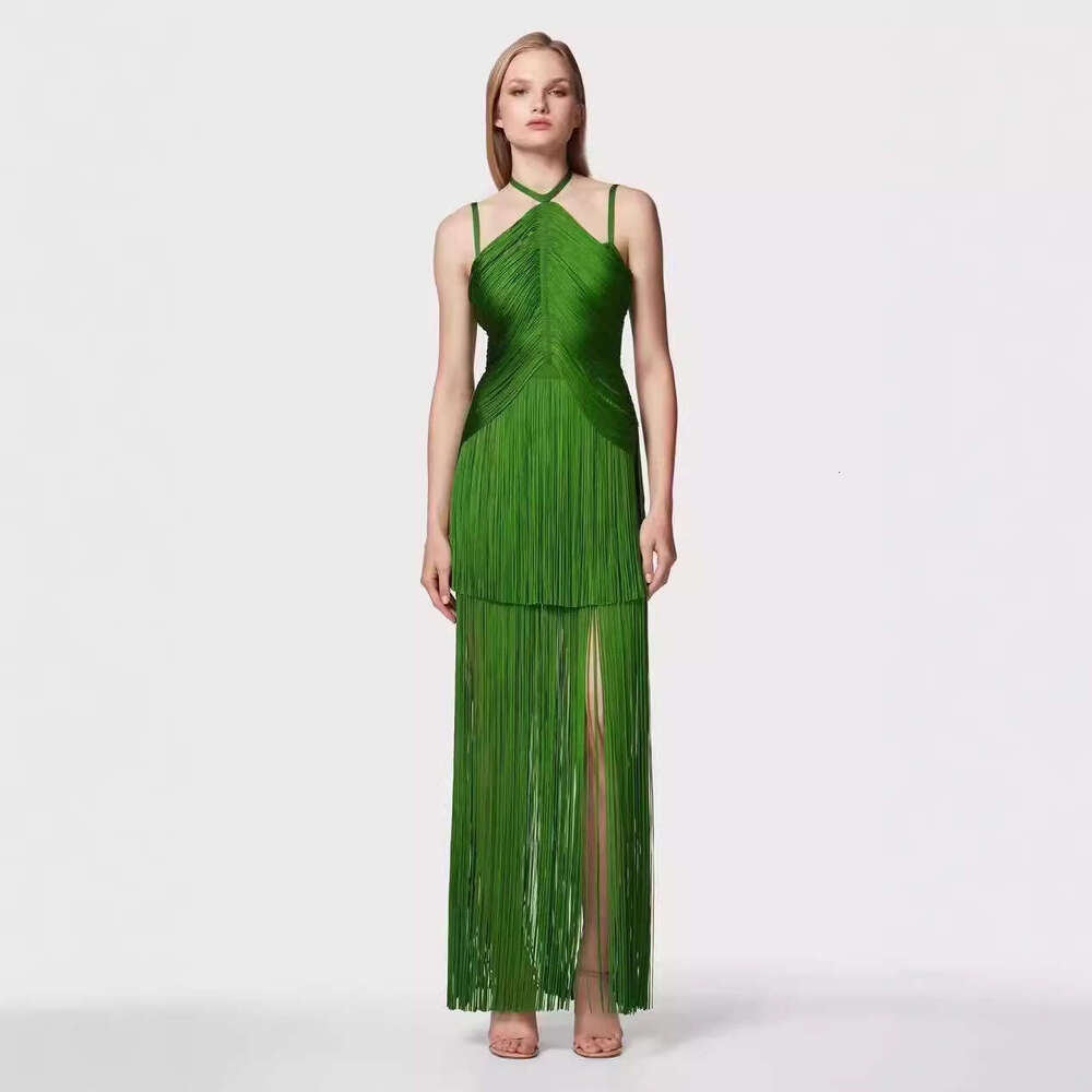 Maxi Dress Fashionable Design Green Tassel Sleeveless Waist Cinched Camisole Dress For Socialite Parties And Stage Performances KQ