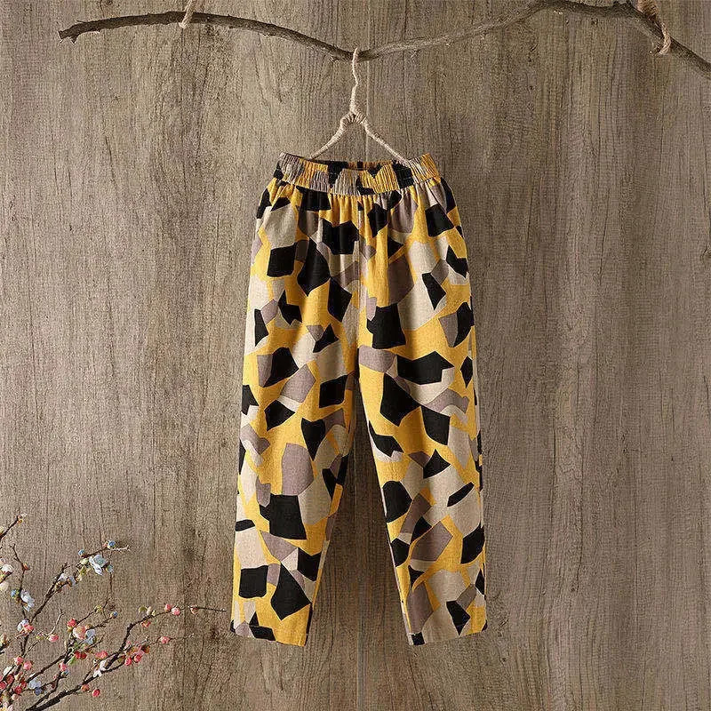 Summer retro printed chiffon casual pants for women loose fit and slimming Versatile Artistic straight leg Harlem 250506