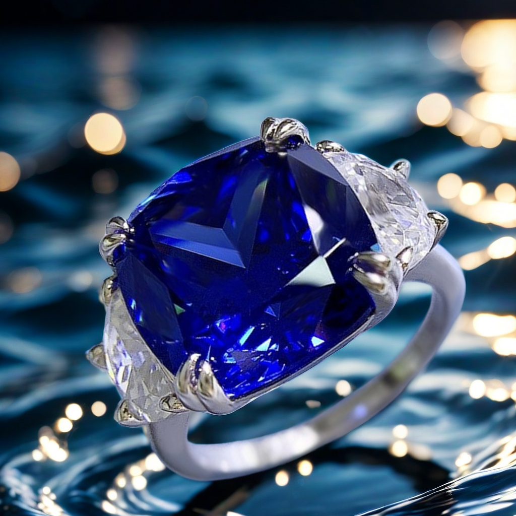 S925 sterling silver 13*13 artificial high-carbon diamond dreamy royal blue beautiful ring, European and American personalized fashion high-end royal 