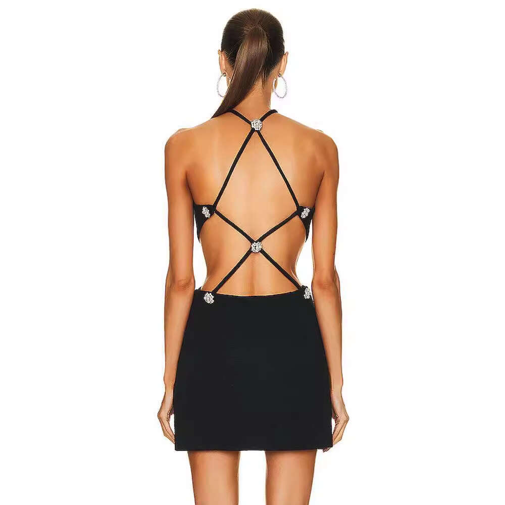 Maxi Dress New Bandage Skirt Sexy Hanging Neck Waist Exposed Diamond Grid Back Ultra Short Small Black Party Dress KQ