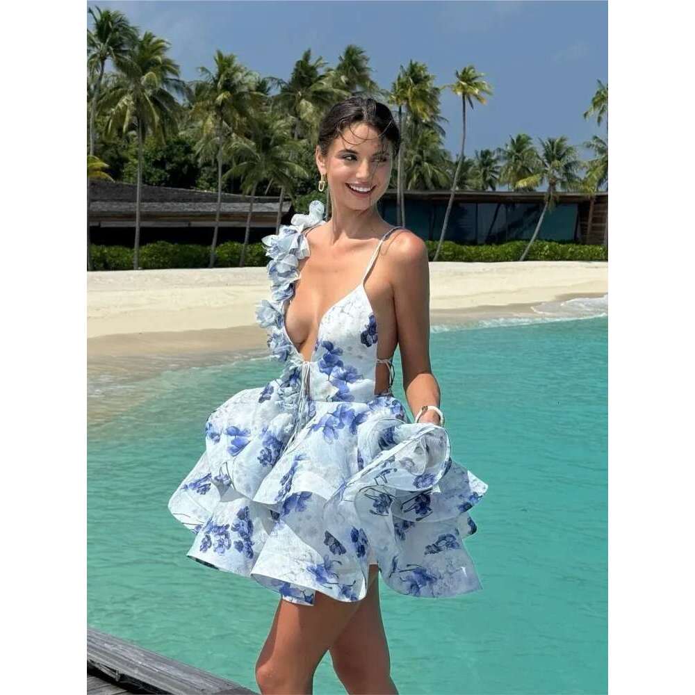 Floral Print Fuffy Short Dress Lace Up Slim Fit Strap Gown 3D Flower Bud Skirt Hemline Halter Backless Beach Suspender Dresses