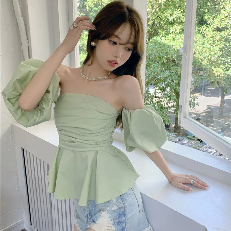 Beach Style Slash Neck Woman Solid Shirt Summer Off Shoulder Puff Short Sleeve Ladies Blouse Folds Sexy Backless Female Tops 250517