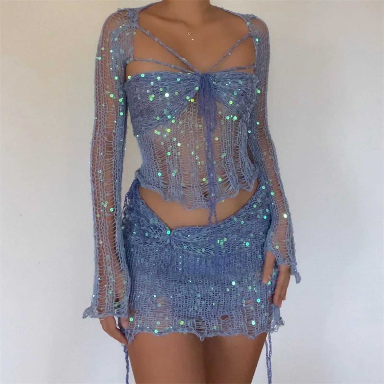 Sexy Crochet Knitted Sequins Dress 2 Piece Skirt Sets Elegant Knit Crop Tops Mini Skirts Hollow Out Two Piece Set Women Outfits 250516