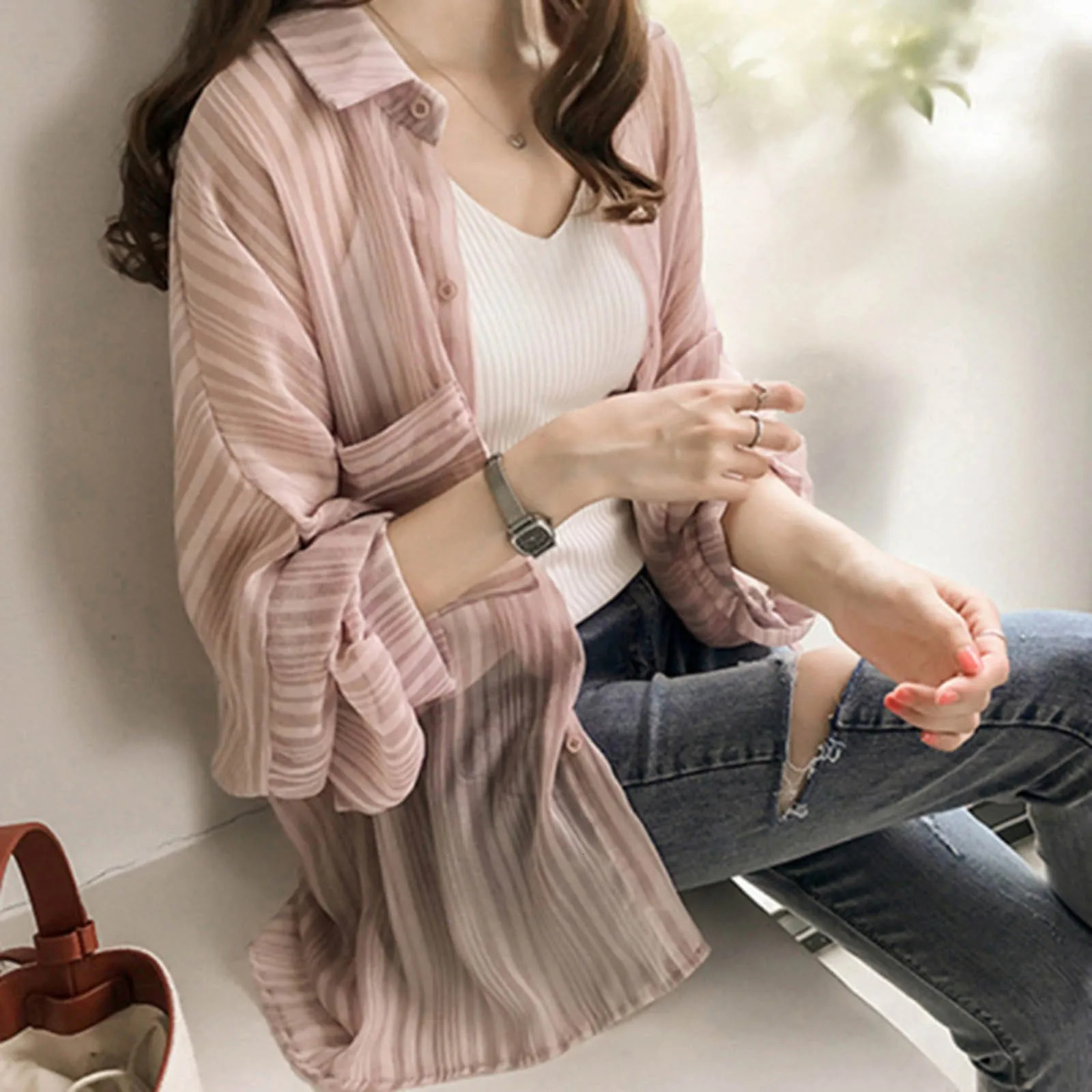 Korean Fashion Suncreen Shirts for Women Lapel Neck Plus Size Loose Sleeve Blouse Womens Sheer Versatile Chiffon 250516Z