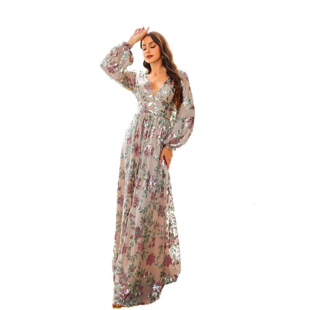 Maxi Dress High End Temperament Sleeved V Neck Long Sequin Banquet Grand Display Evening Bridesmaid Women S Dress KQ