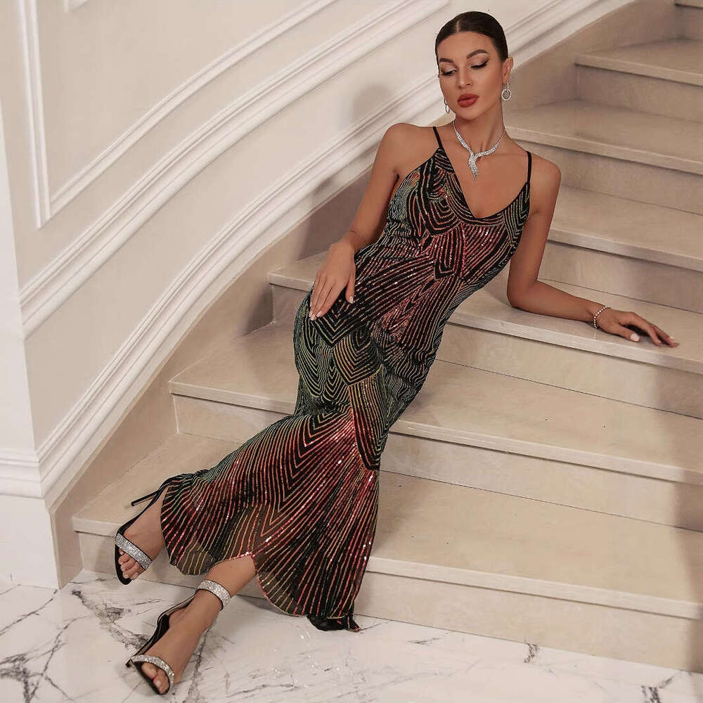 Maxi Dress Sexy Women S Deep V Neck Camisole Sequin Party Dress Long Skirt Formai Dress