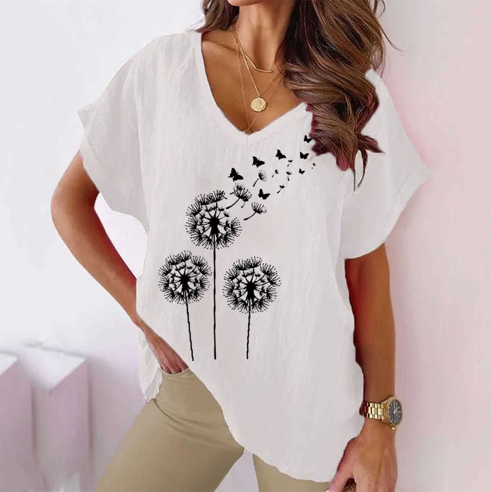 2023 Summer Plus Size Womens Printed V-neck Ice Silk Bamboo Knot Casual Bat Short Sleeved T-shirt