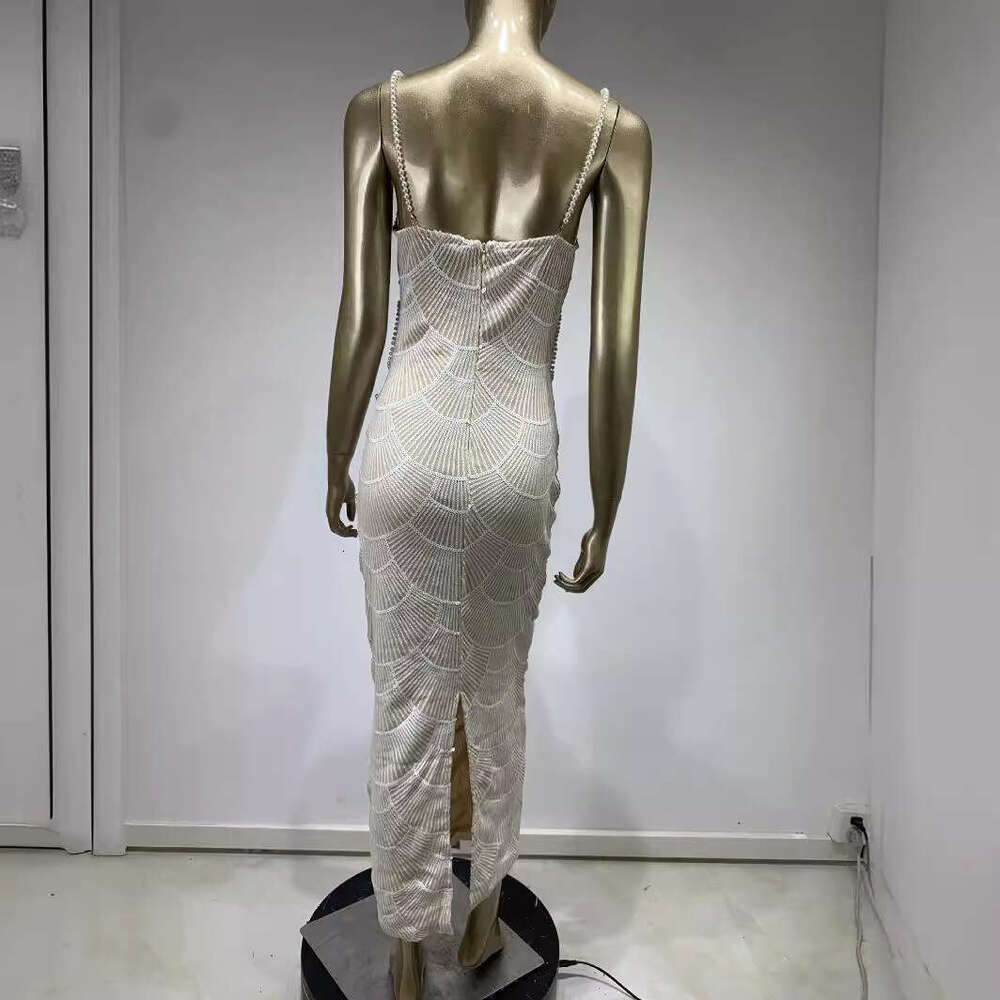 Maxi Dress New White Pearl Sequin With Fashionable Cut Out Party Dress KQ