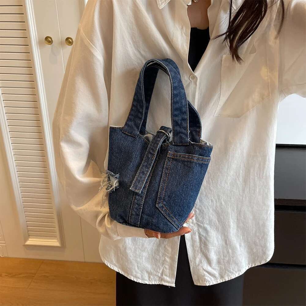 Street Fashion Denim Tote Solid Color Handle Handbag Casual Shoulder Bag Date Party Shopping for Women