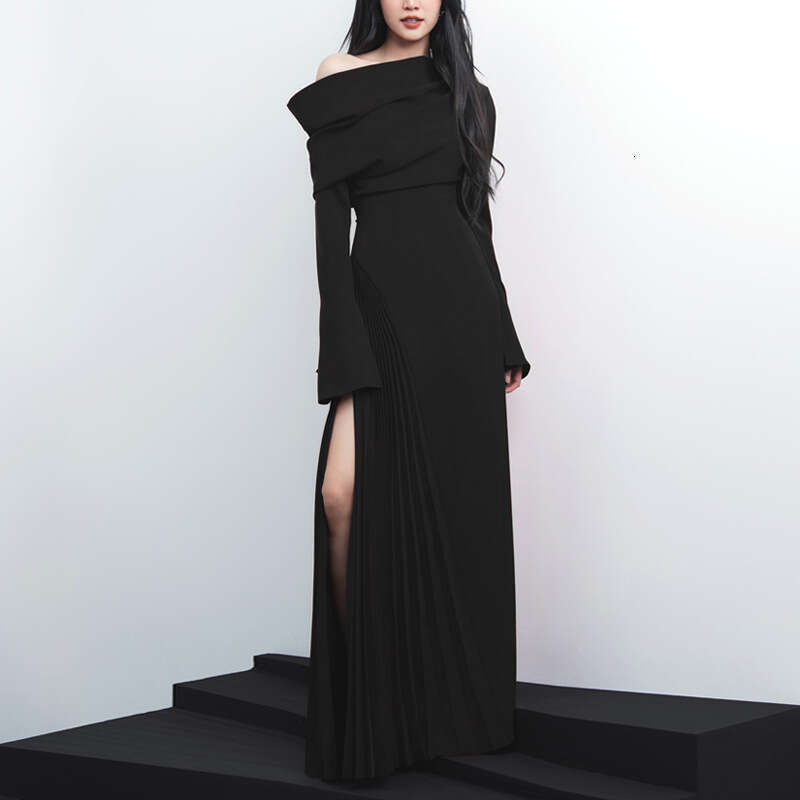 Maxi Dress Red Mature Sloping Neck Women S Autumn New Style Stacked Trumpet Sleeves Pleated Slit Dress Formai Dress