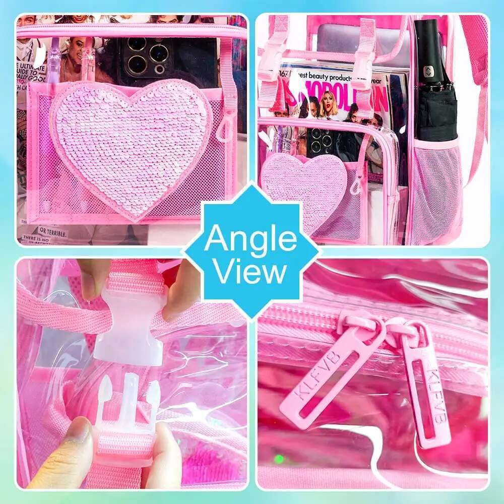 3Psc Clear Backpack, Heavy Duty Transparent Bookbag For Girls Women, Stadium Approved See Through Backpack With Lunch Box (Pink