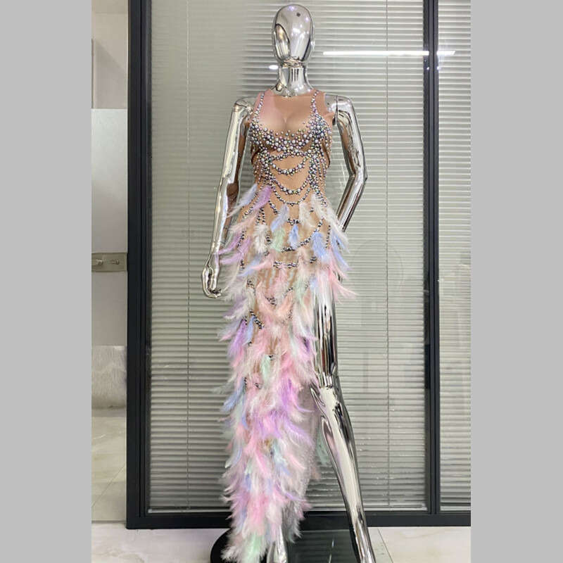 Sexy sleeveless round neck dress with rhinestone feather patchwork skirt, female singer performance outfit