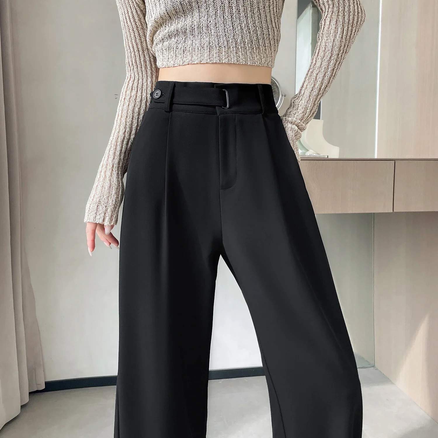 SpringSummer Button Loose Womens Wide Leg Pants High Waist Solid Elegant Straight Casual 250506