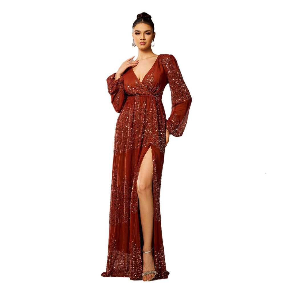 Maxi Dress High End Sleeved Temperament V Neck Sexy Long Sequin Banquet Evening Bridesmaid Women S Dress KQ